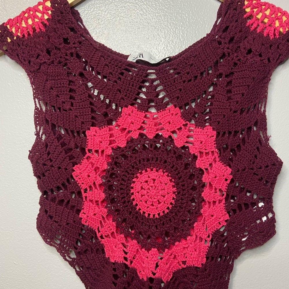 Zara Burgundy and Pink Crochet Crop Top